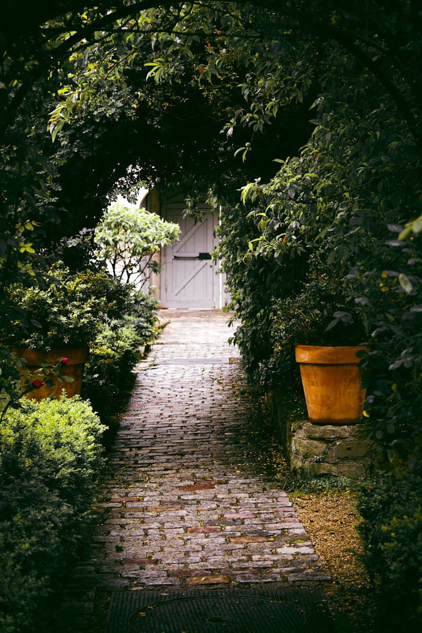 A lush, leafy pathway leading to a quaint garden gate in Paris.
