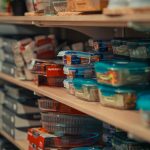 Neatly arranged storage containers on pantry shelves showcasing home organization.